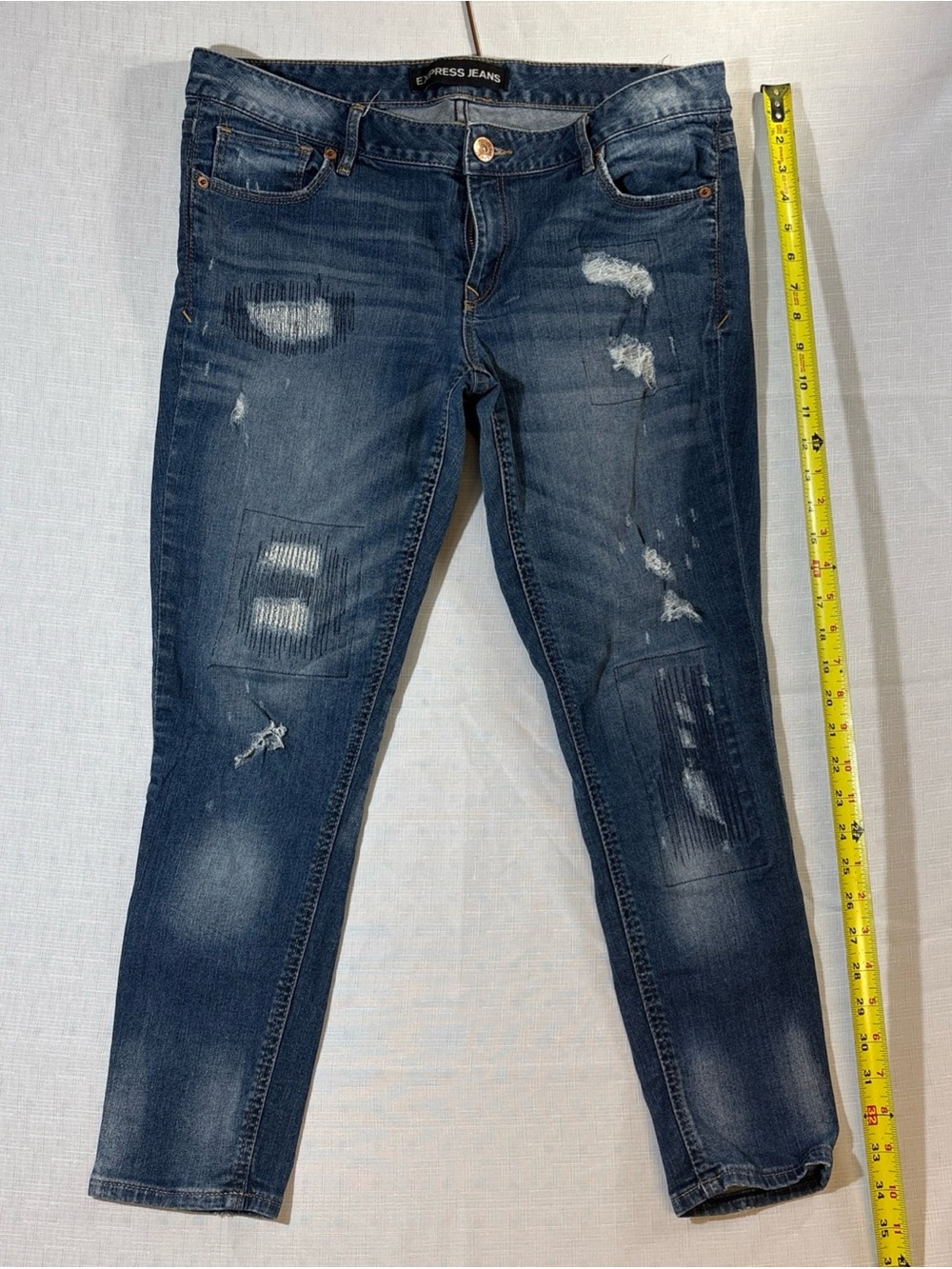 Express Womens Ankle Legging Jeans Blue Lo Rise Stretch Distress Patch  Size 12